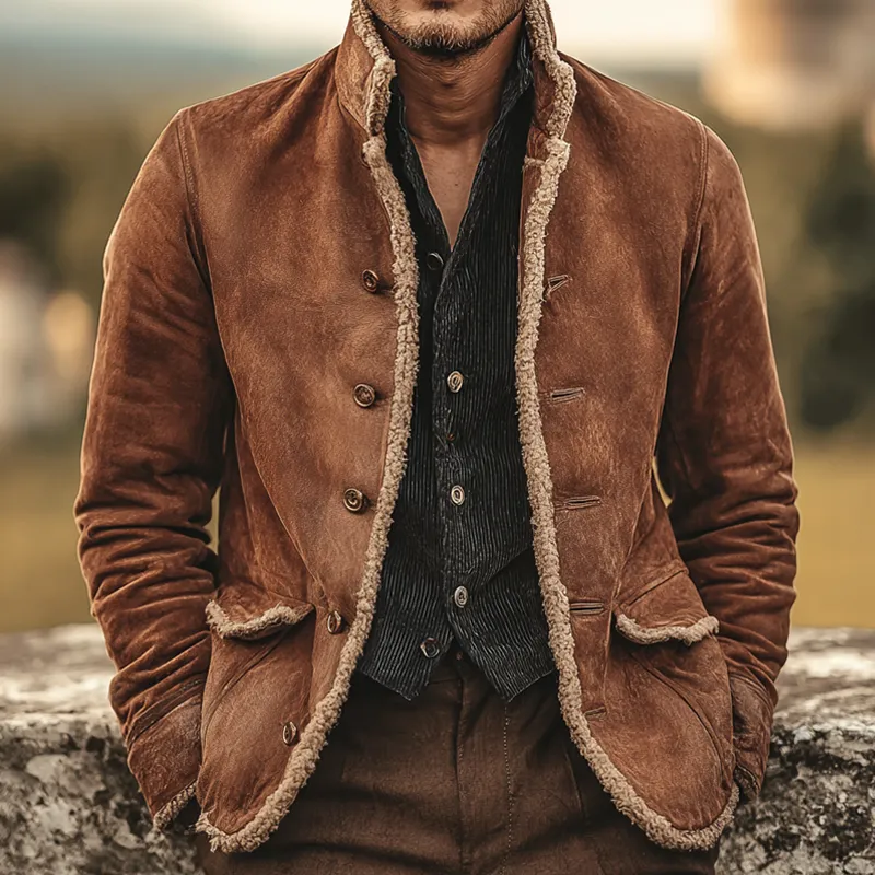 Men's Fleece Trim Faux Suede Stand Collar Single Breasted Jacket MTA1580I7Z sold by Manly product image thumbnail 2