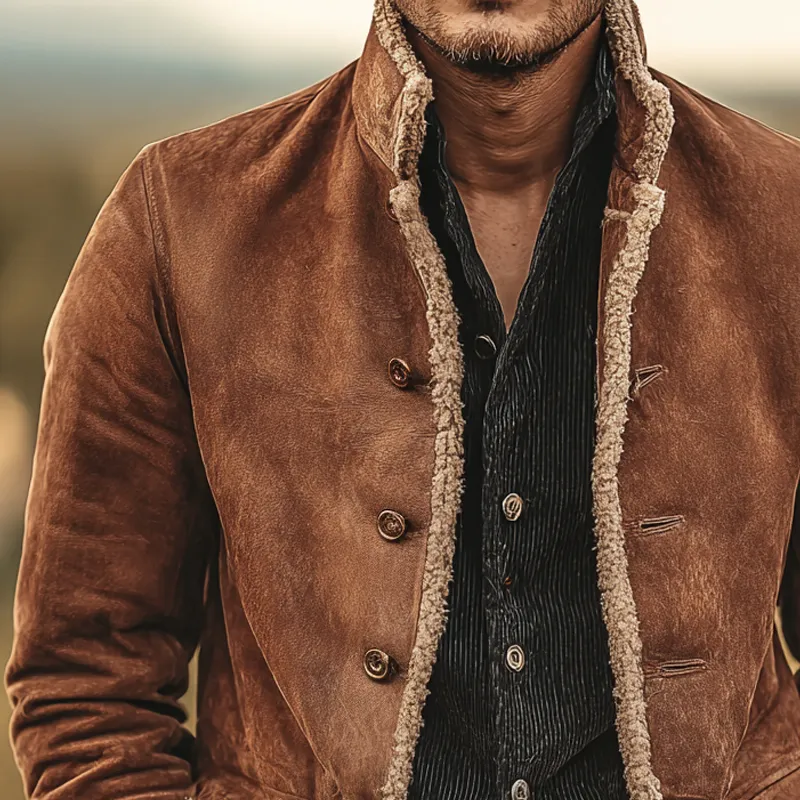 Men's Fleece Trim Faux Suede Stand Collar Single Breasted Jacket MTA1580I7Z sold by Manly product image thumbnail 3