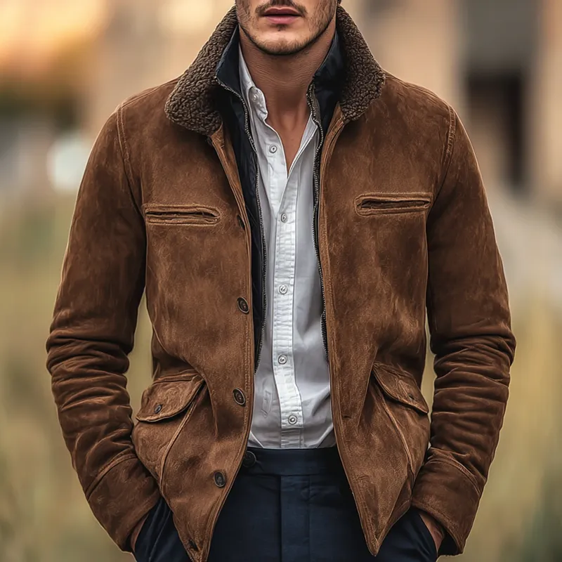 Men's Fleece Lapel Decor Faux Suede Multi-pocket Single Breasted Jacket MTA1515I1Z sold by Manly product image thumbnail 2