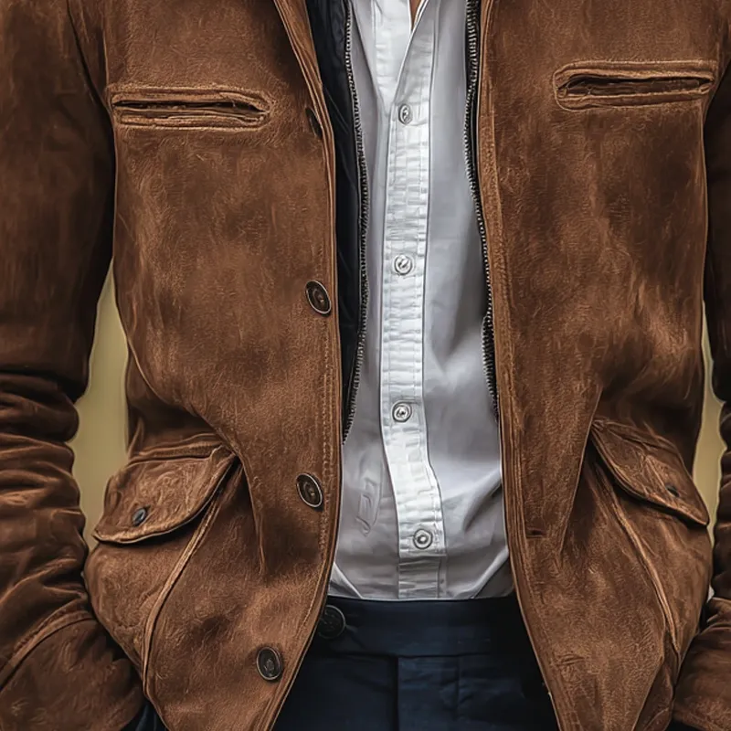 Men's Fleece Lapel Decor Faux Suede Multi-pocket Single Breasted Jacket MTA1515I1Z sold by Manly product image thumbnail 3