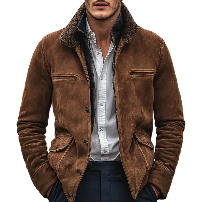 Men's Fleece Lapel Decor Faux Suede Multi-pocket Single Breasted Jacket MTA1515I1Z sold by Manly