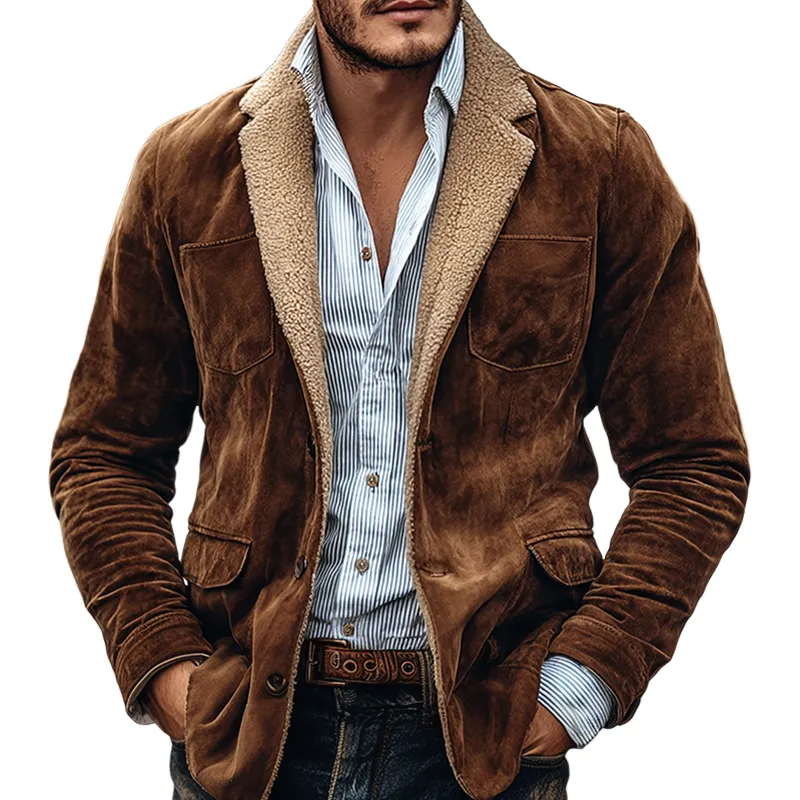 Men's Fleece-lined Faux Suede Notch Lapel Single Breasted Jacket MTA1502I3Z sold by Manly