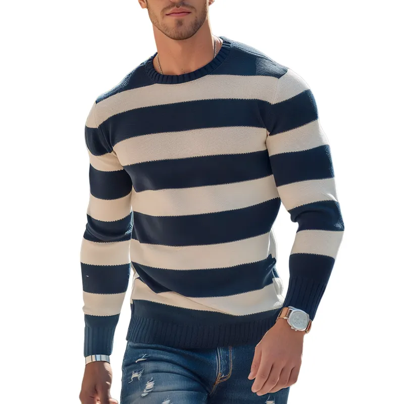 Men's Striped Knit Round Neck Long Sleeve Sweater MTA1385I4Z sold by Manly