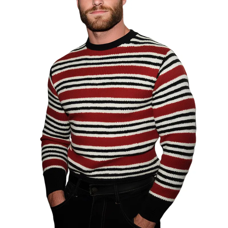 Men's Striped Knit Round Neck Long Sleeve Sweater MTA1302I0Z sold by Manly
