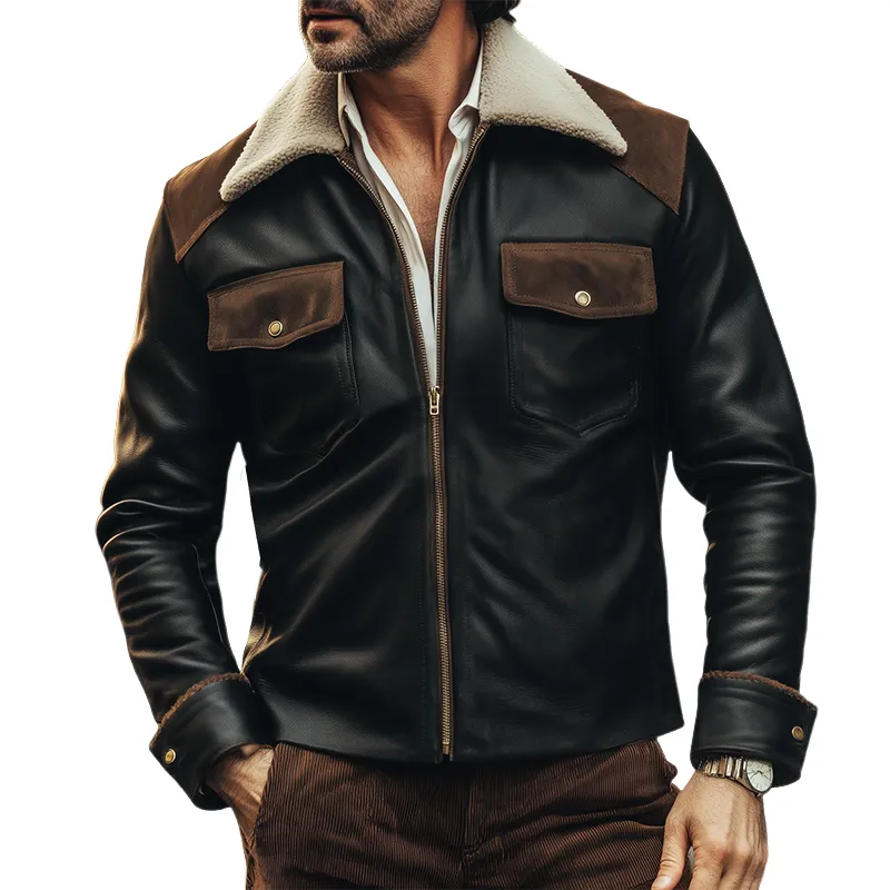 Men's Vintage Fleece Collar PU Leather Jacket MTA1725I3U sold by Manly