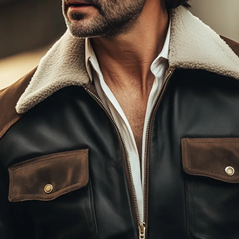 Men's Vintage Fleece Collar PU Leather Jacket MTA1725I3U sold by Manly product image thumbnail 3