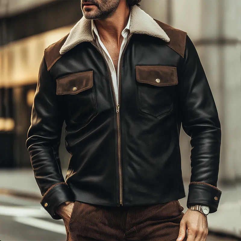 Men's Vintage Fleece Collar PU Leather Jacket MTA1725I3U sold by Manly product image thumbnail 2