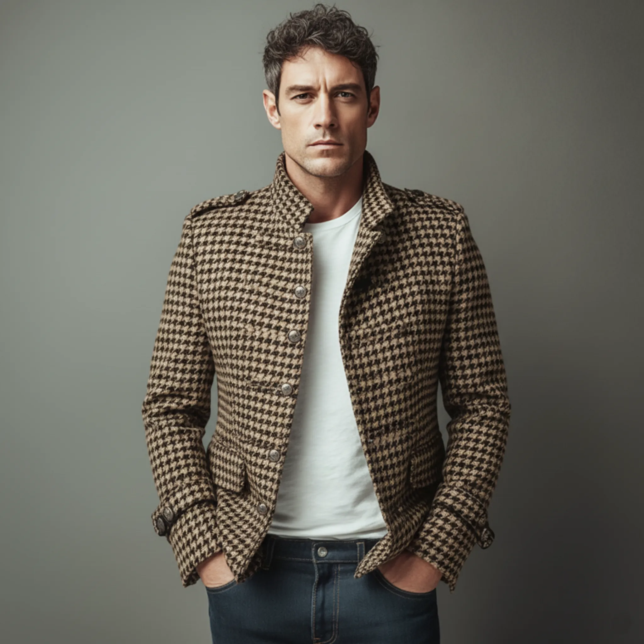 Men's Classic Retro Stand Collar Houndstooth Wool Single-breasted Slim-fit Jacket MTA1726I1K sold by Manly product image thumbnail 2