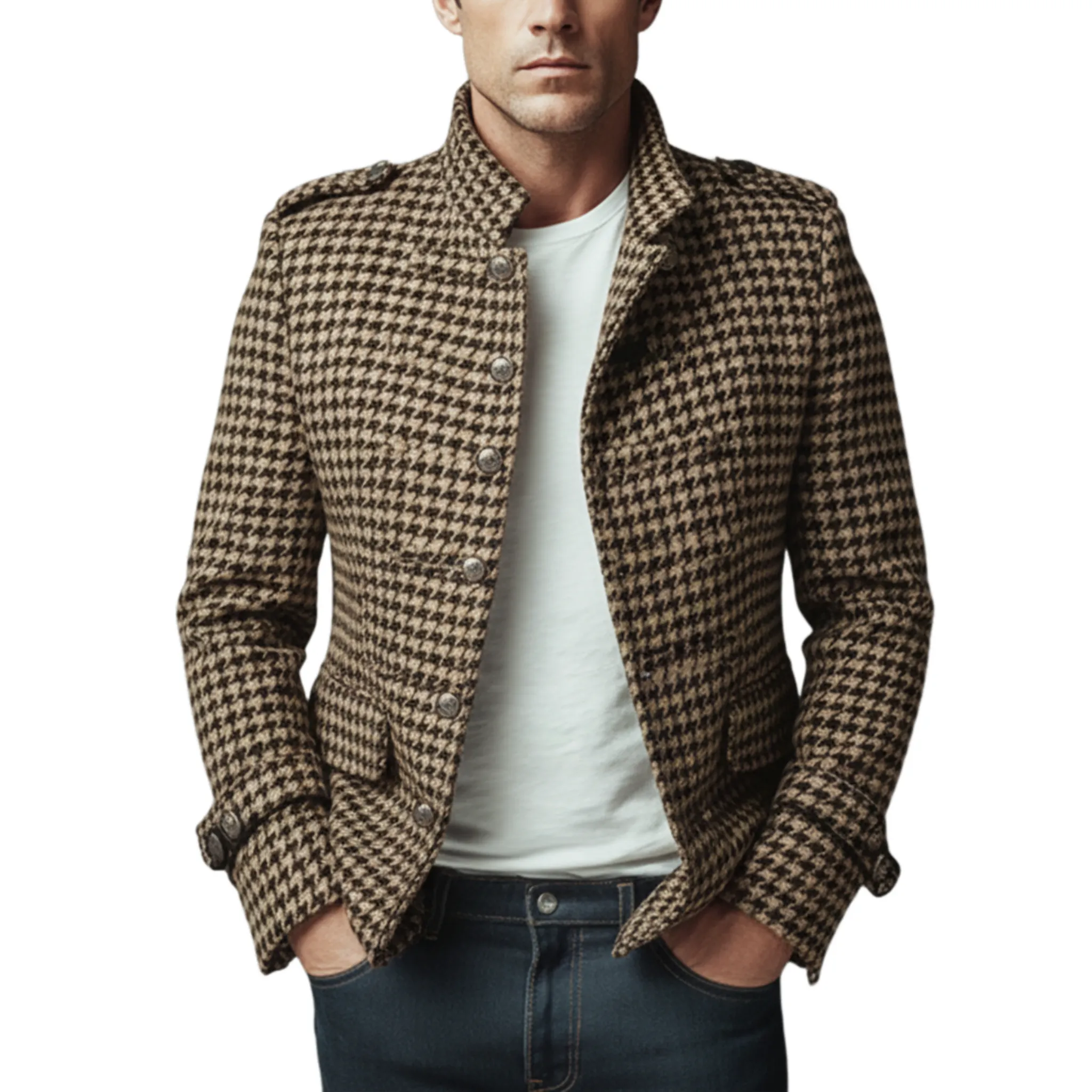 Men's Classic Retro Stand Collar Houndstooth Wool Single-breasted Slim-fit Jacket MTA1726I1K sold by Manly