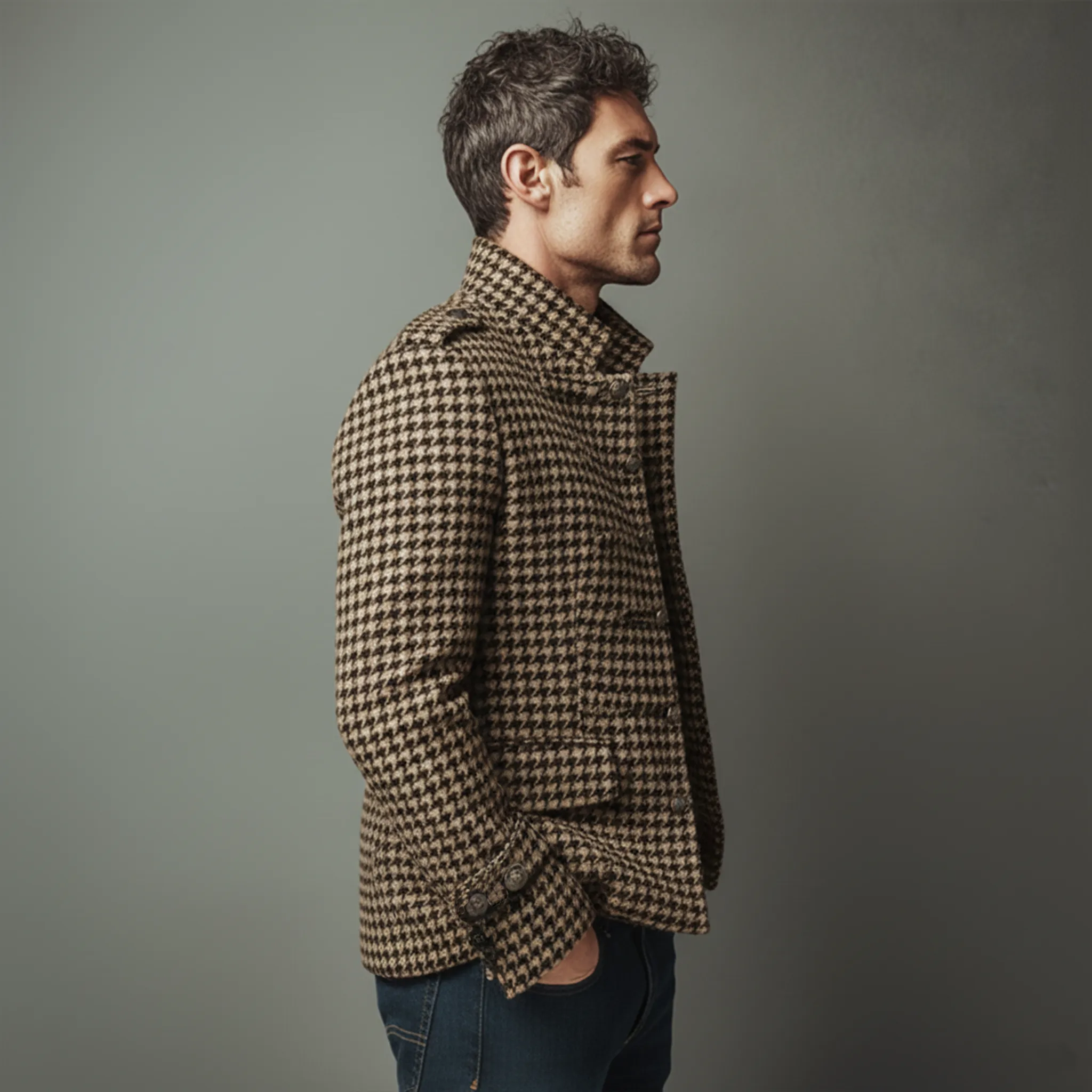 Men's Classic Retro Stand Collar Houndstooth Wool Single-breasted Slim-fit Jacket MTA1726I1K sold by Manly product image thumbnail 5