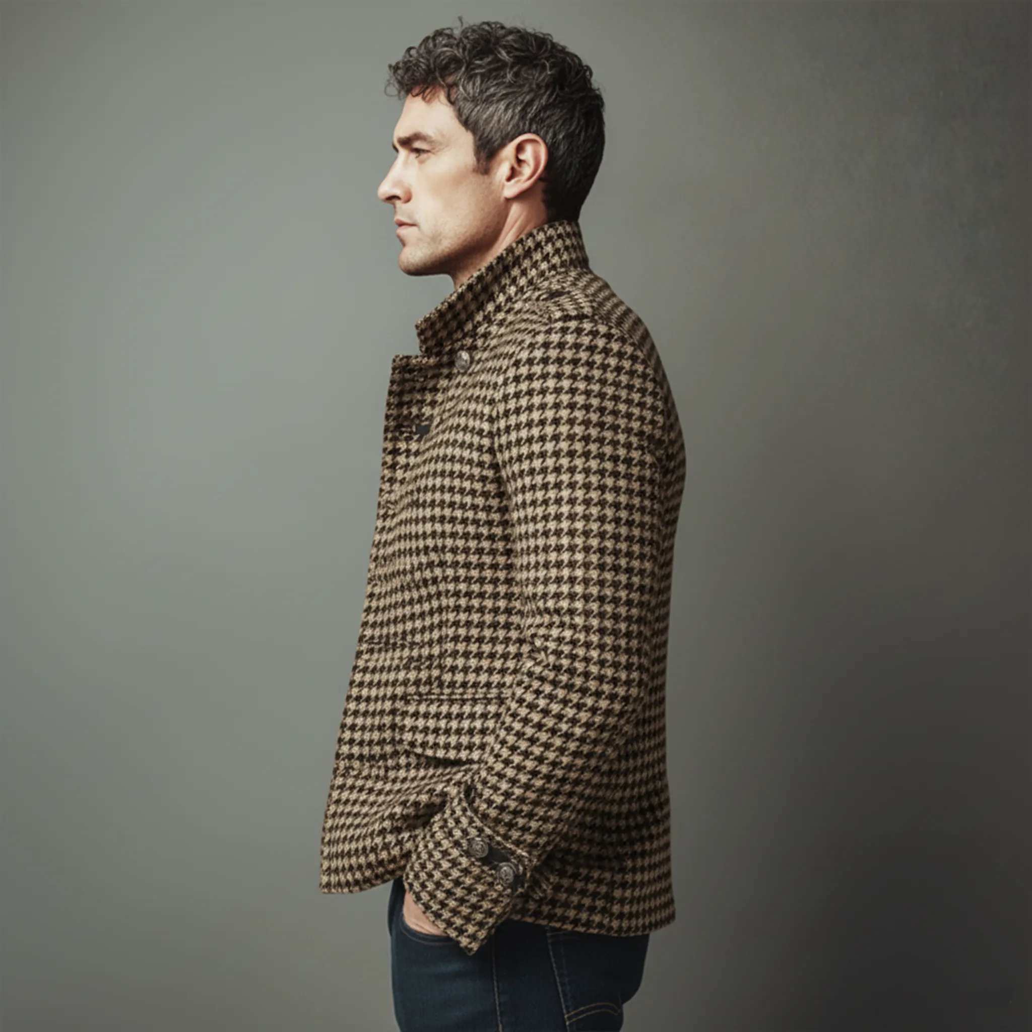 Men's Classic Retro Stand Collar Houndstooth Wool Single-breasted Slim-fit Jacket MTA1726I1K sold by Manly product image thumbnail 4