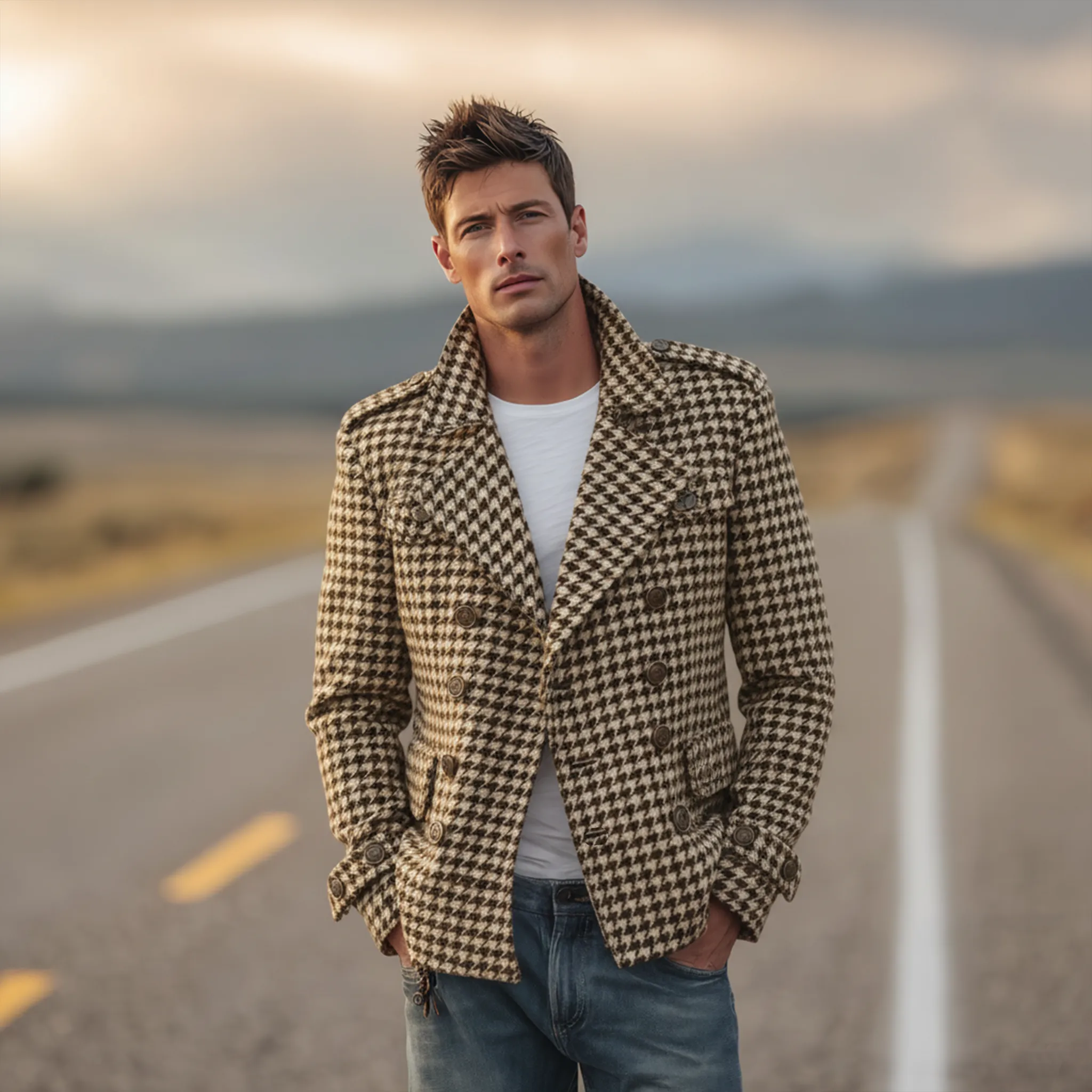 Men's Classic Retro Lapel Houndstooth Wool Double-breasted Jacket MTA1701I4K sold by Manly product image thumbnail 2