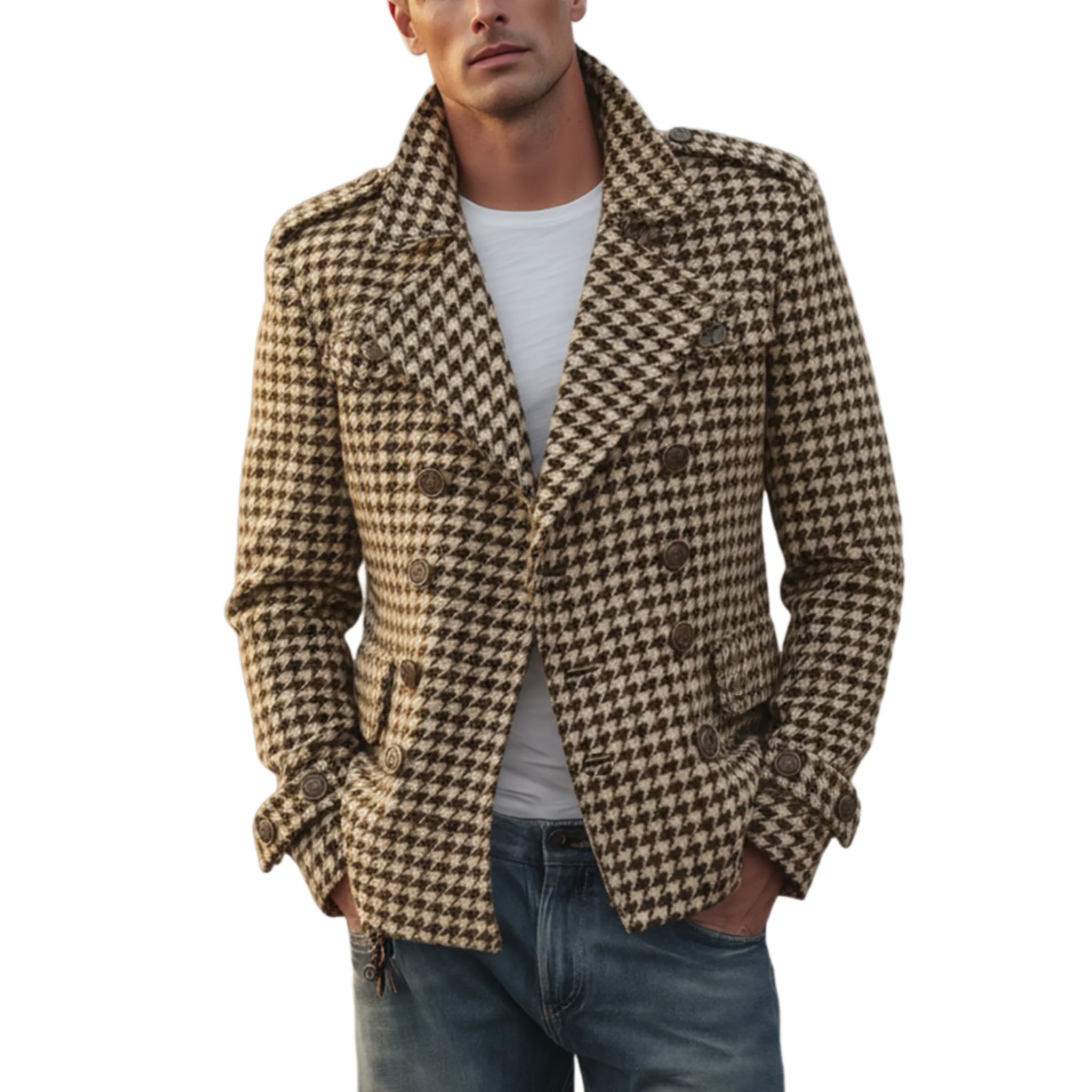 Men's Classic Retro Lapel Houndstooth Wool Double-breasted Jacket MTA1701I4K sold by Manly