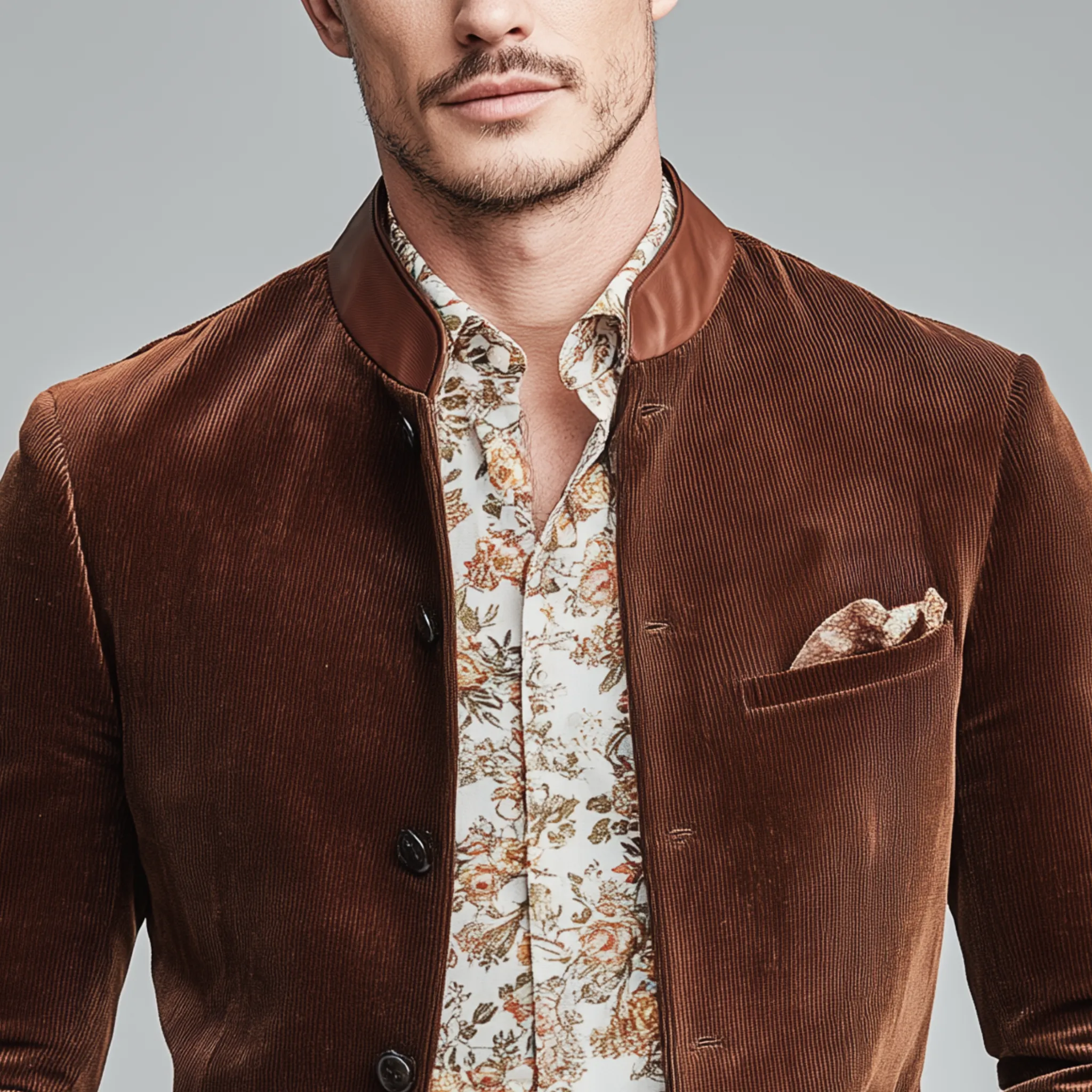 Men's Classic Casual Stand-up Collar Stitching PU Leather Slim Corduroy Jacket MTA1712I1K sold by Manly product image thumbnail 3