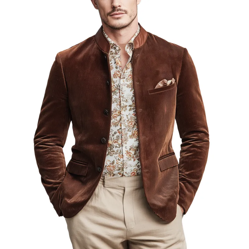 Men's Classic Casual Stand-up Collar Stitching PU Leather Slim Corduroy Jacket MTA1712I1K sold by Manly