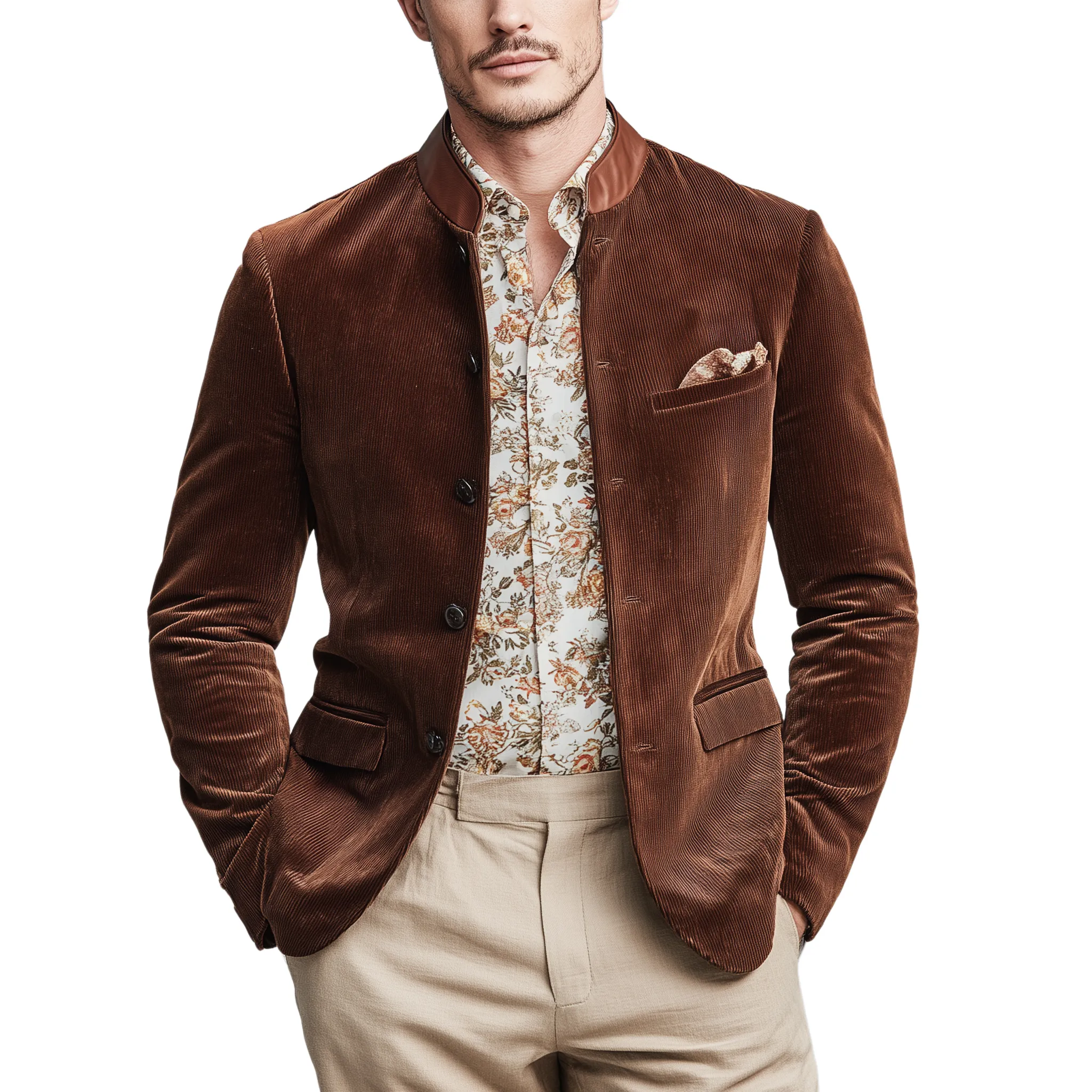 Men's Classic Casual Stand-up Collar Stitching PU Leather Slim Corduroy Jacket MTA1712I1K sold by Manly