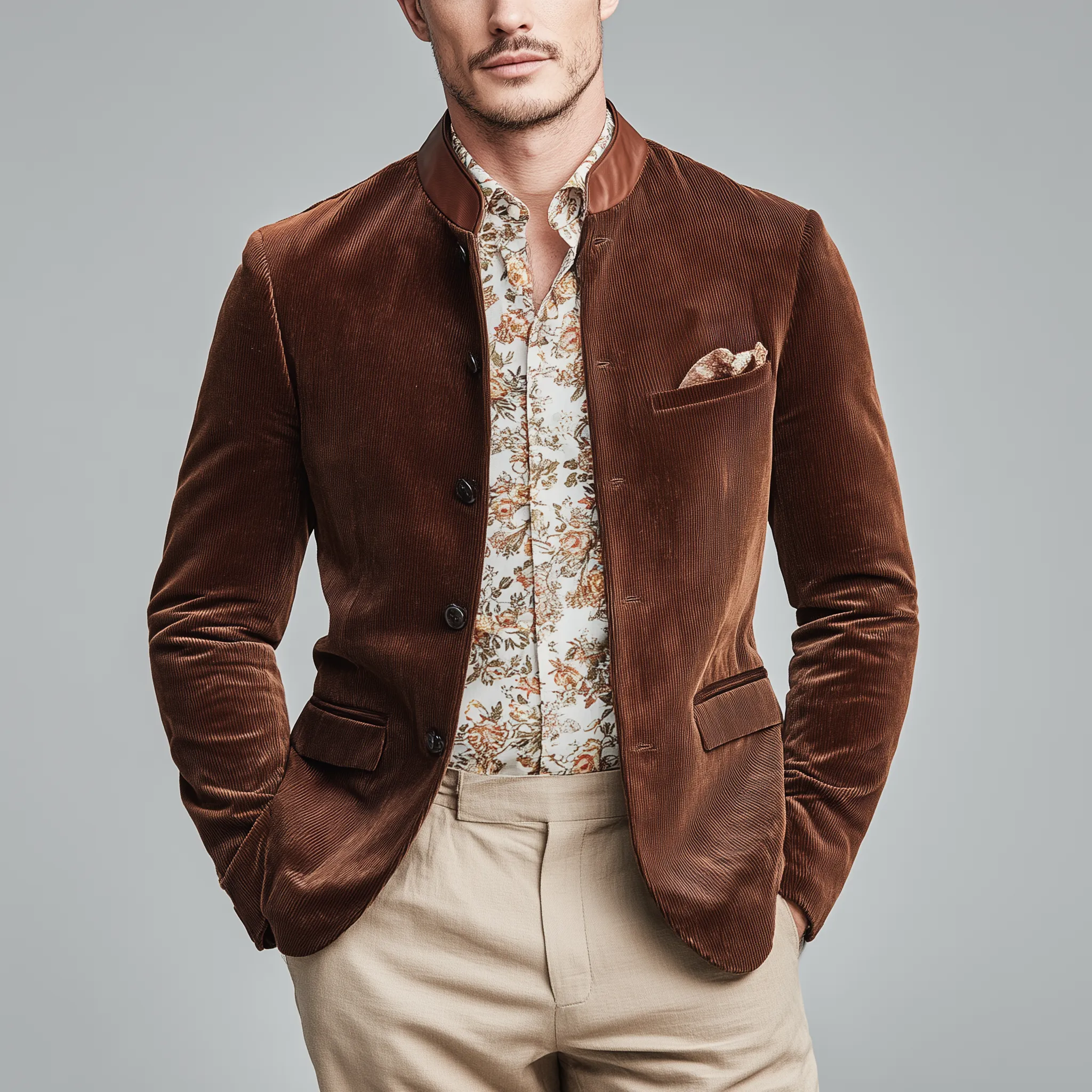 Men's Classic Casual Stand-up Collar Stitching PU Leather Slim Corduroy Jacket MTA1712I1K sold by Manly product image thumbnail 2