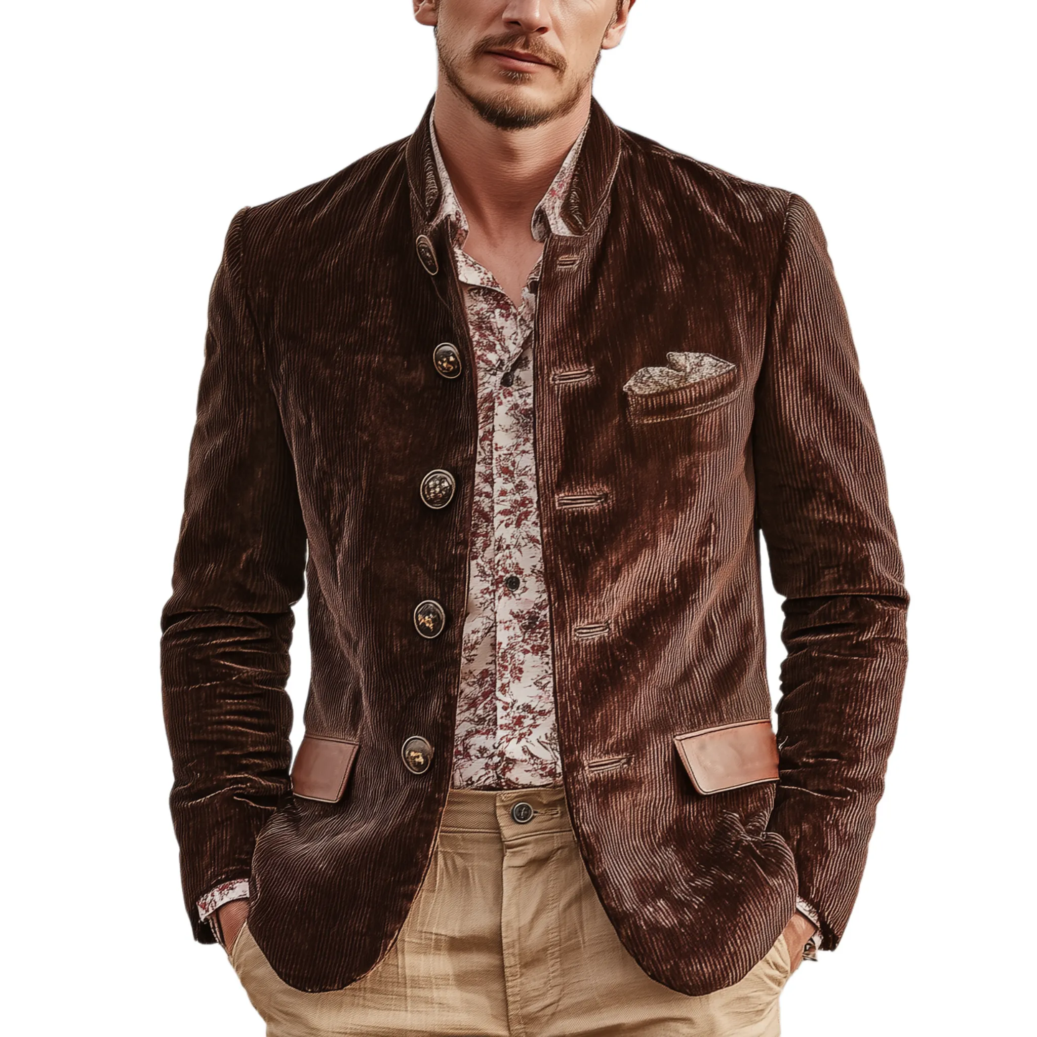 Men's Classic Casual Pocket Stitching PU Leather Stand Collar Corduroy Jacket MTA1709I2K sold by Manly