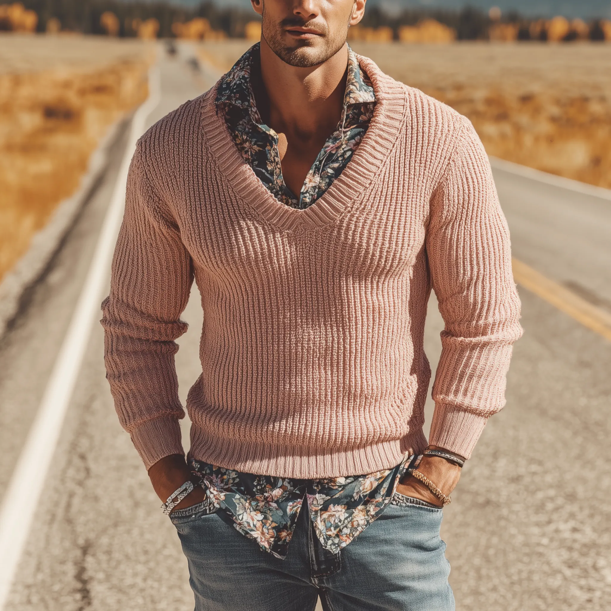 Men's Classic Casual V-neck Pink Slim-fit Sweater MTA0839I0K sold by Manly product image thumbnail 2