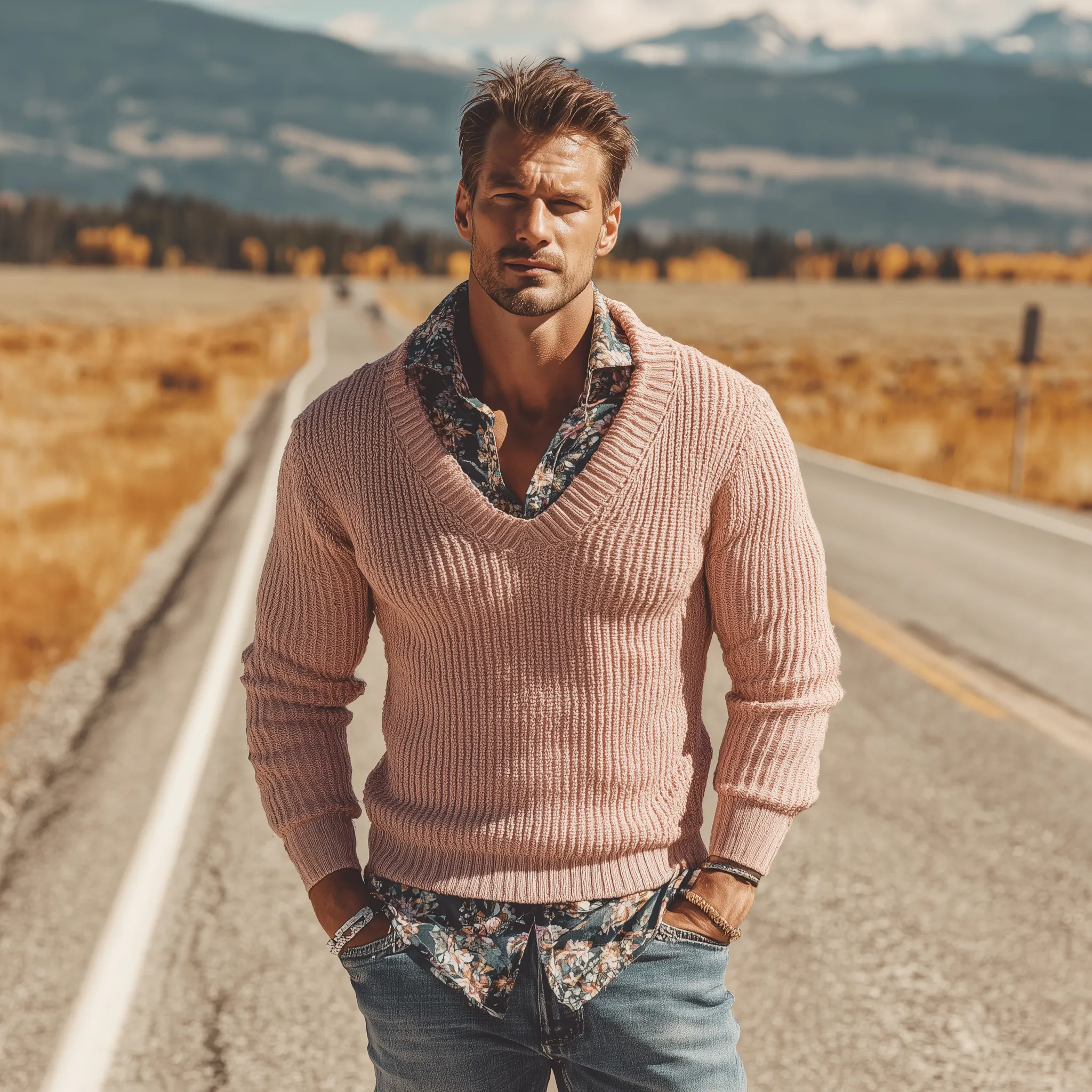 Men's Classic Casual V-neck Pink Slim-fit Sweater MTA0839I0K sold by Manly product image thumbnail 3