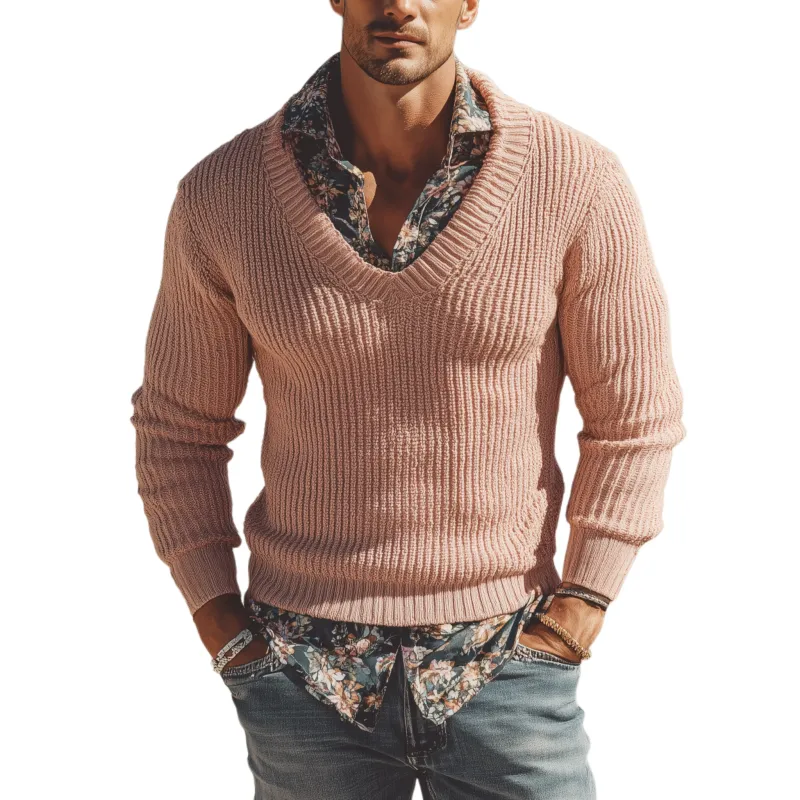 Men's Classic Casual V-neck Pink Slim-fit Sweater MTA0839I0K sold by Manly