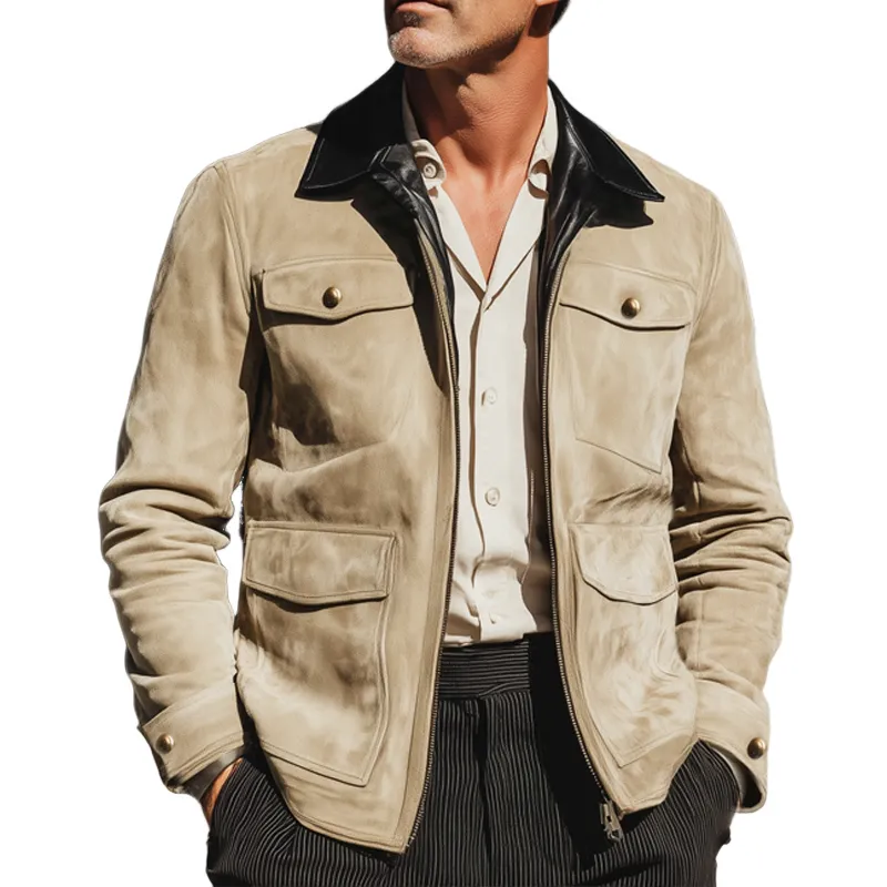 Men's  Suede And PU Leather Collar Zip-up Fitted Jacket MTA1604I1U sold by Manly