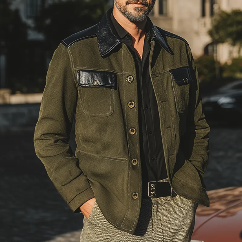 Men's Classic Colorblock Tweed And PU Leather Button Jacket MTA1636I4U sold by Manly product image thumbnail 3