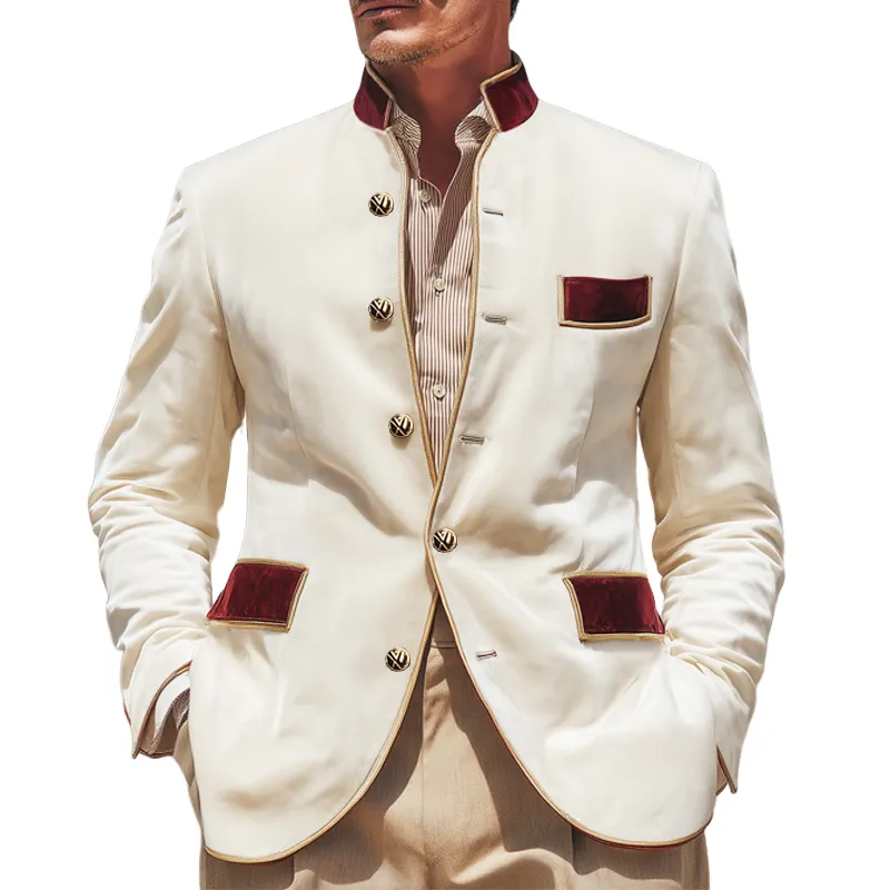 Men's Classic Stand Collar Velvet Colorblock Button Slim Fit Jacket MTA1647I4U sold by Manly