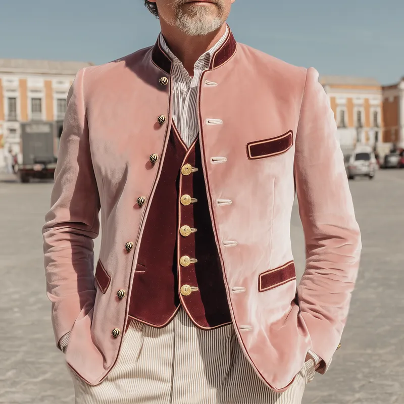 Men's Classic Colorblock Velvet Stand Collar Button-Down Slim Fit Jacket MTA1622I1U sold by Manly product image thumbnail 2