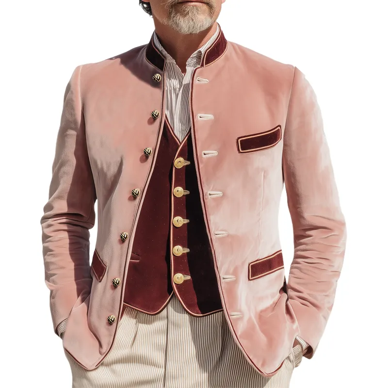 Men's Classic Colorblock Velvet Stand Collar Button-Down Slim Fit Jacket MTA1622I1U sold by Manly