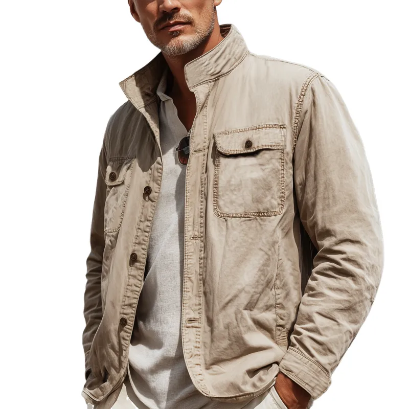 Men's Washed Cotton Stand Collar Button Jacket MTA1595I3U sold by Manly