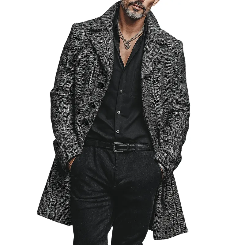 Men's Retro Casual Herringbone Single-Breasted Mid-Length Coat MTA1611I4TO sold by Manly