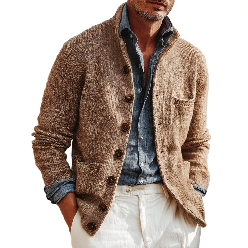 Men's Knitted Stand Collar Single Breasted Multi-pocket Casual Cardigan MTA1507I3Z sold by Manly