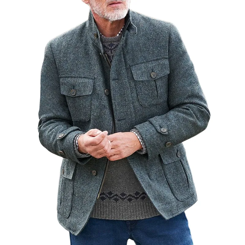 Men's Herringbone Stand Collar Multi-Pocket Single-Breasted Zipper Jacket MTA1604I2Z sold by Manly