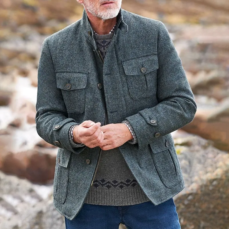 Men's Herringbone Stand Collar Multi-Pocket Single-Breasted Zipper Jacket MTA1604I2Z sold by Manly product image thumbnail 2