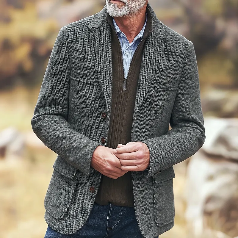 Men's Herringbone Notch Lapel Multi-Pocket Single-Breasted Blazer MTA1626I8Z sold by Manly product image thumbnail 2