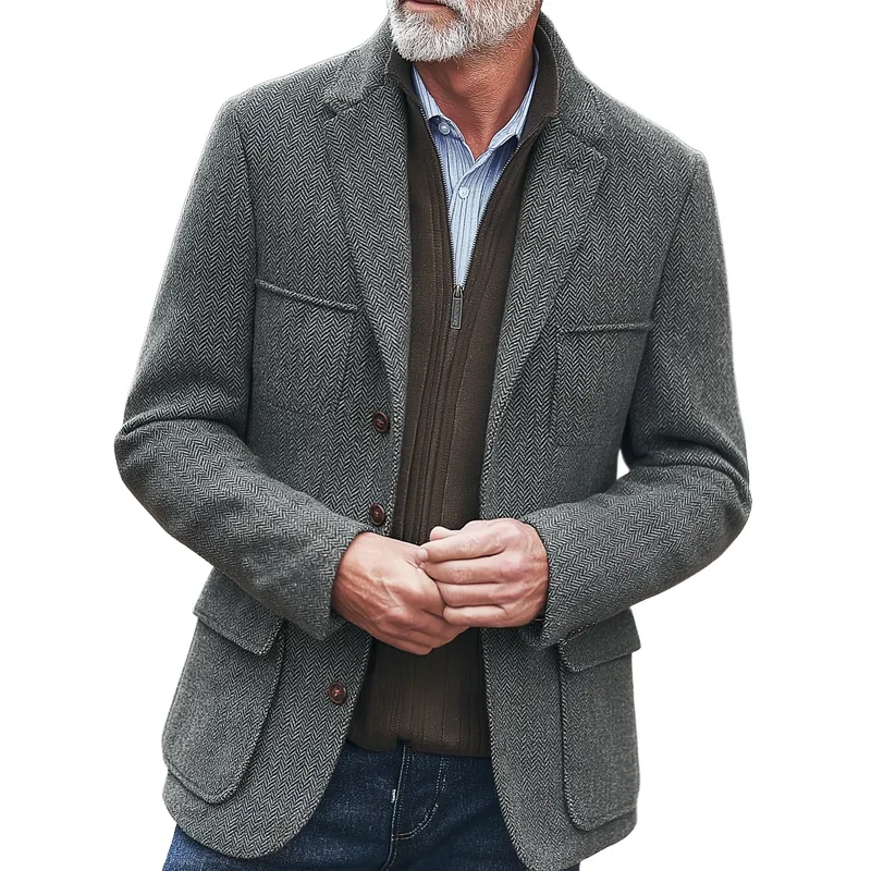 Men's Herringbone Notch Lapel Multi-Pocket Single-Breasted Blazer MTA1626I8Z sold by Manly