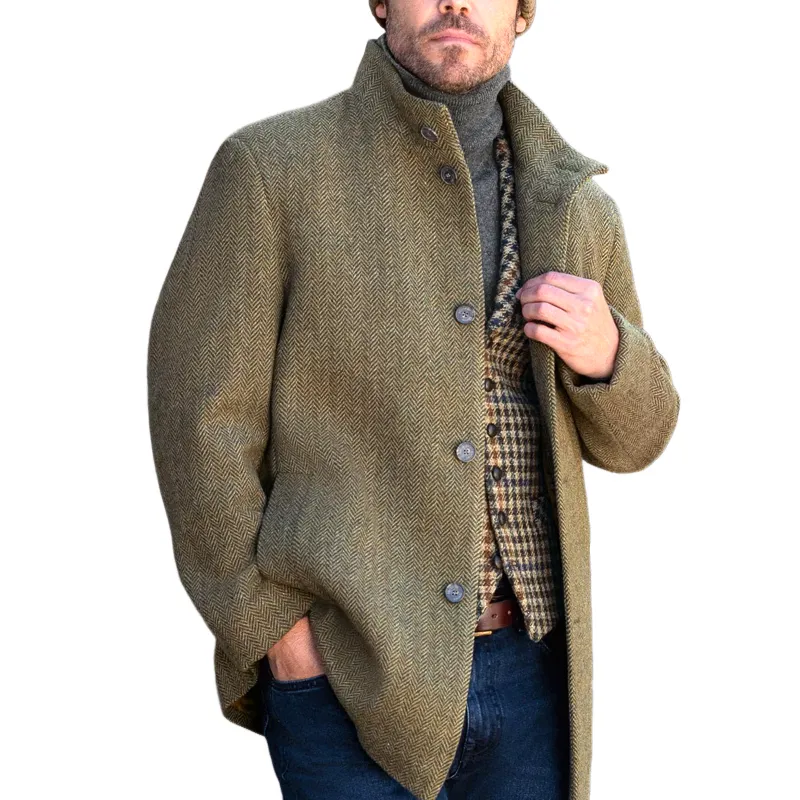 Men's Herringbone Stand Collar Single-Breasted Casual Coat MTA1668I5Z sold by Manly
