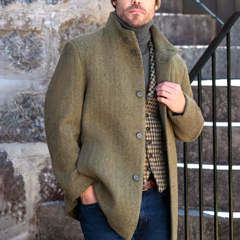 Men's Herringbone Stand Collar Single-Breasted Casual Coat MTA1668I5Z sold by Manly product image thumbnail 2