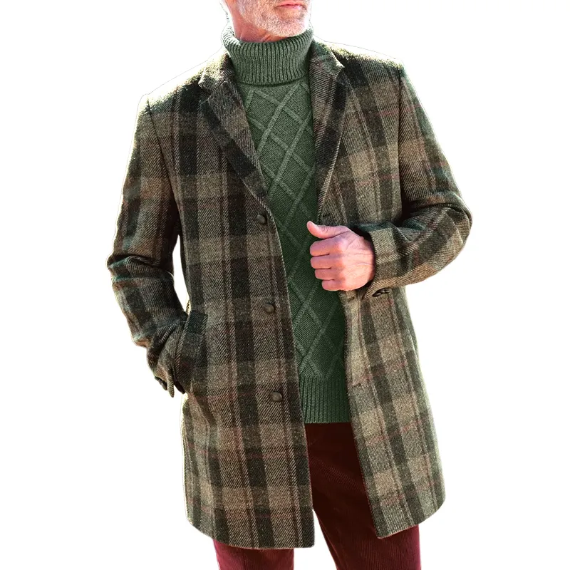 Men's Plaid Tweed Notch Lapel Single-Breasted Mid-length Coat MTA1638I9Z sold by Manly