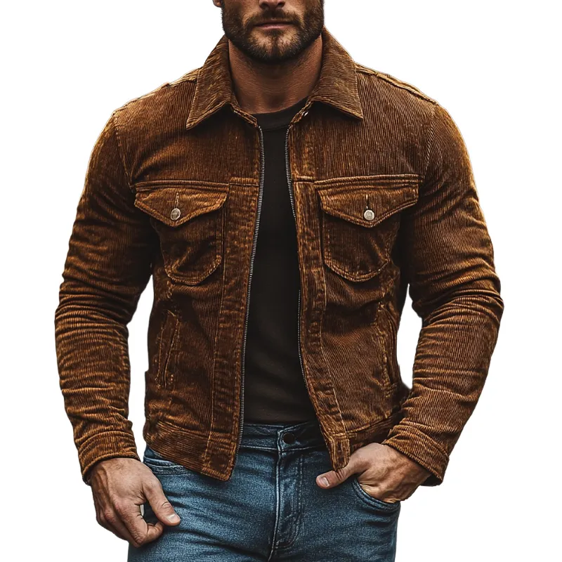 Men's Vintage Corduroy Lapel Slim Zip-Up Jacket MTA1603I5X sold by Manly