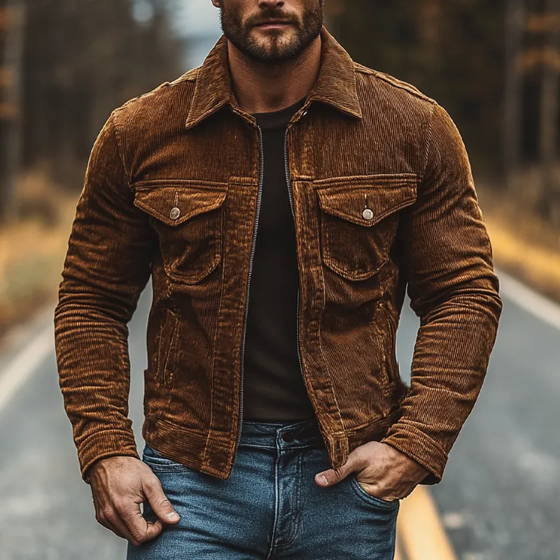 Men's Vintage Corduroy Lapel Slim Zip-Up Jacket MTA1603I5X sold by Manly product image thumbnail 3