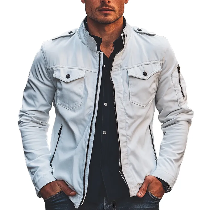 Men's Slim-fit Solid Color Stand-up Collar Zip-up Jacket MTA1611I6X sold by Manly