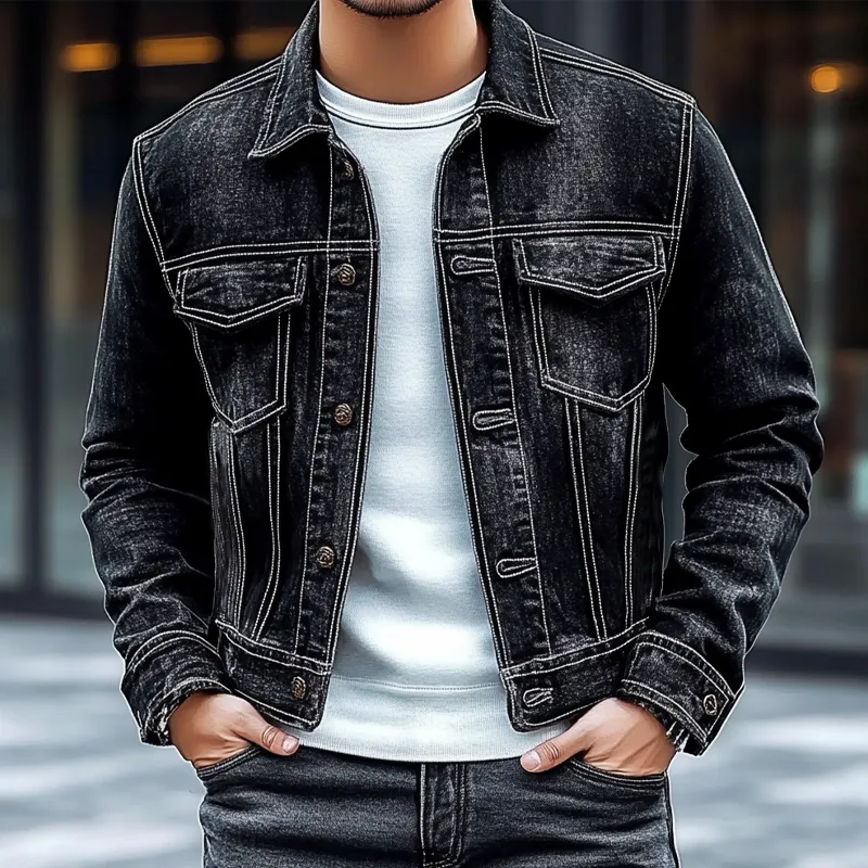 Men's Vintage Washed Distressed Lapel Denim Jacket MTA1516I4X sold by Manly product image thumbnail 3