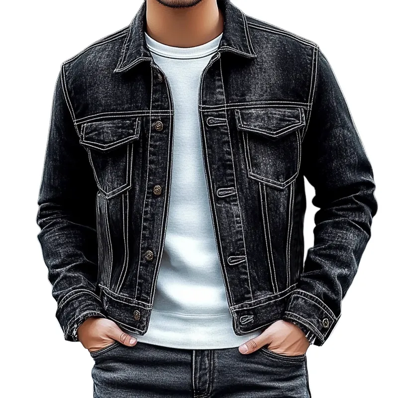 Men's Vintage Washed Distressed Lapel Denim Jacket MTA1516I4X sold by Manly