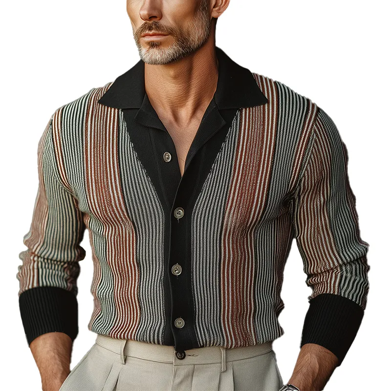 Men's Autumn Fashion Contrast Color Vertical Stripes Knitted Sweater Cardigan MTA1645I7P sold by Manly