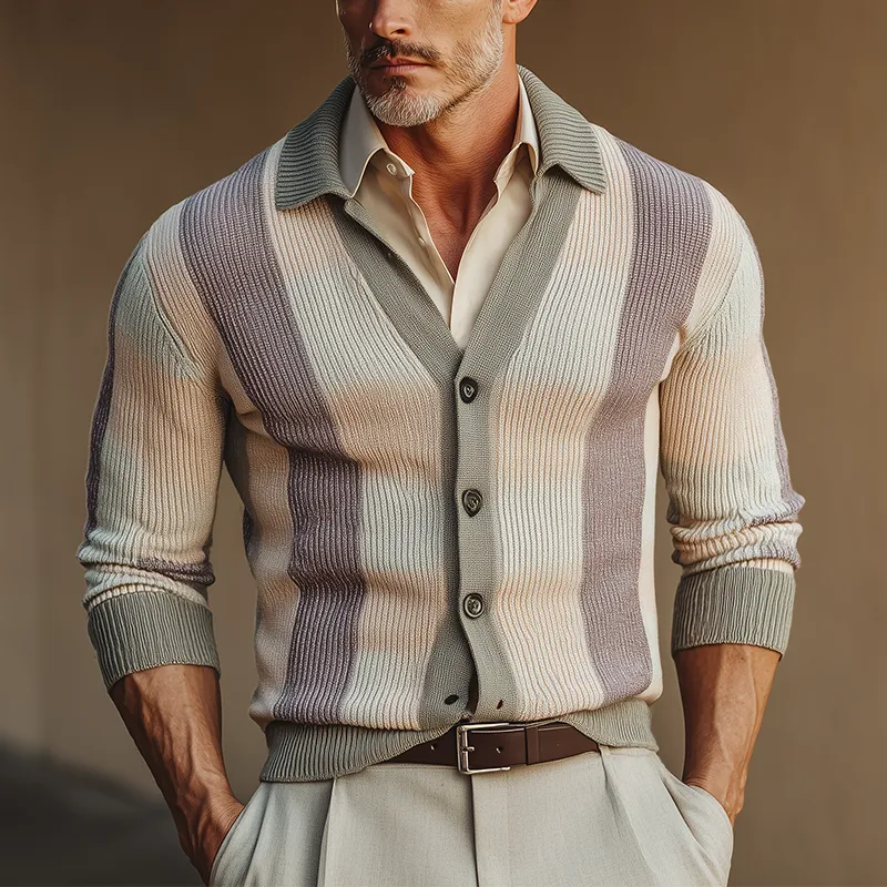 Men's Autumn Fashion Contrast Color Vertical Stripes Knitted Sweater Cardigan MTA1679I0P sold by Manly product image thumbnail 2