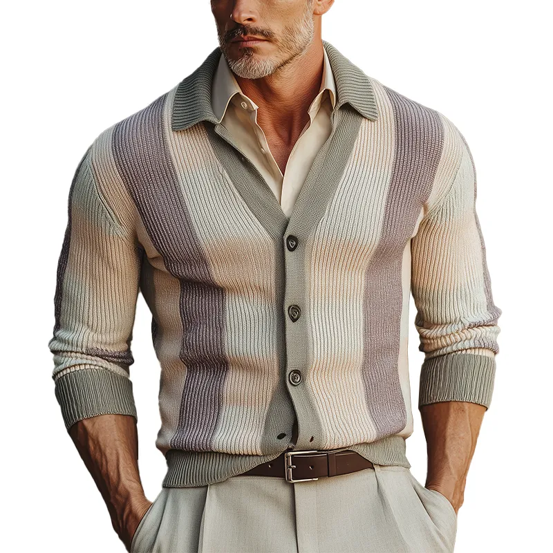 Men's Autumn Fashion Contrast Color Vertical Stripes Knitted Sweater Cardigan MTA1679I0P sold by Manly