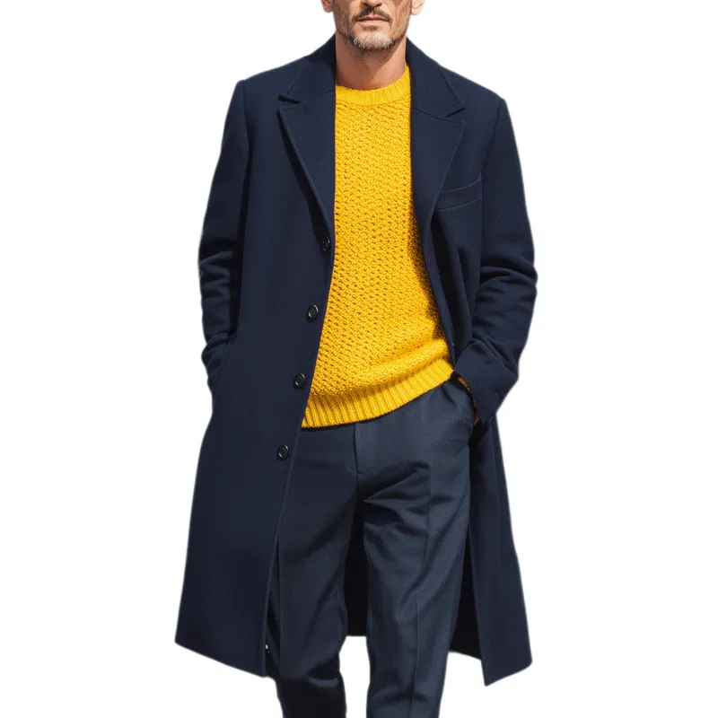 Men's Classic Retro Lapel Navy Blue Wool Single-breasted Knee-length Coat MTA1621I9K sold by Manly
