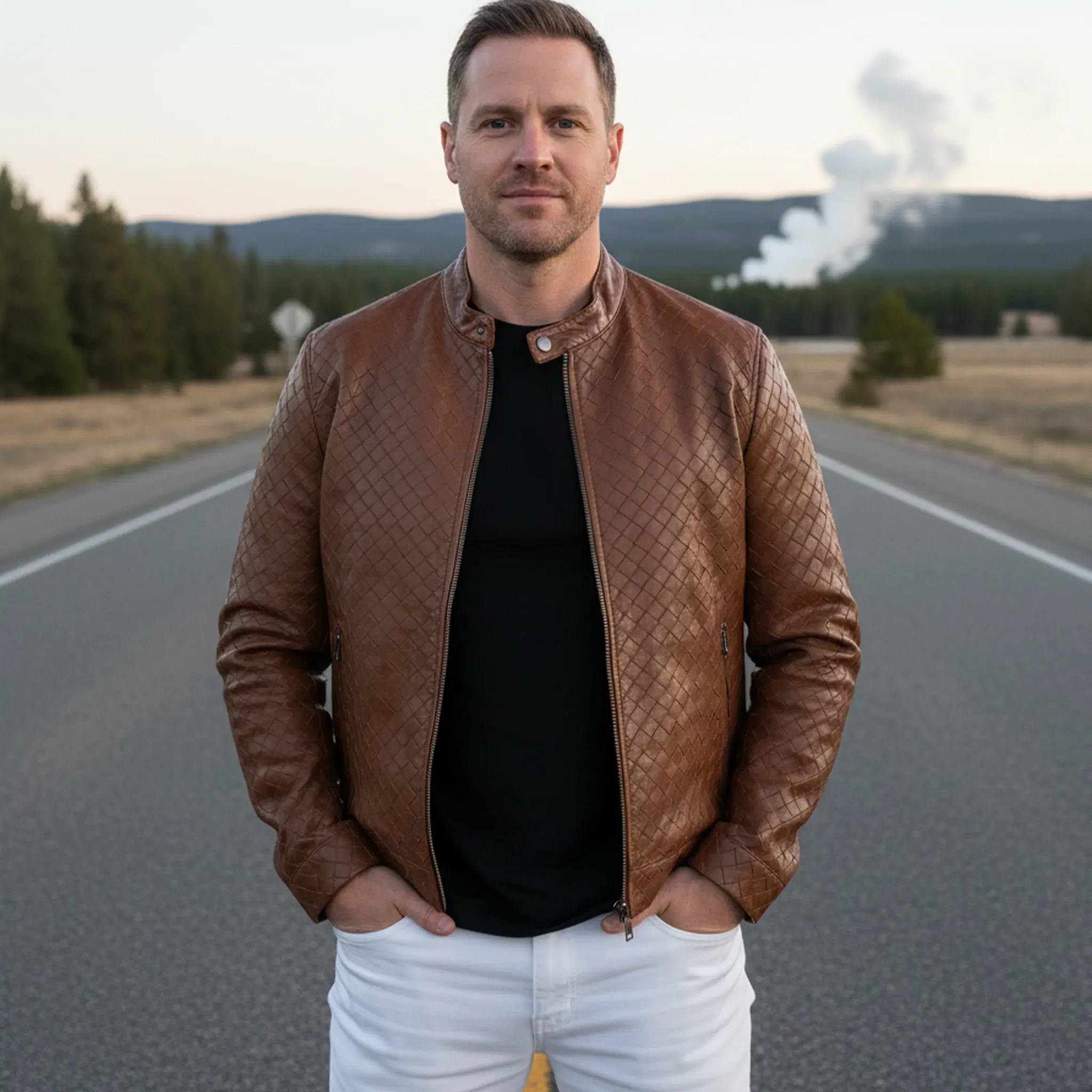 Men's Classic Retro Stand Collar Plaid Texture PU Leather Zipper Jacket MTA1644I8K sold by Manly product image thumbnail 3